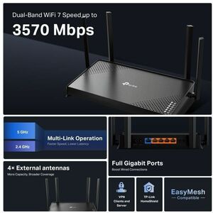TP-Link Archer BE220 Wi-Fi 7 IEEE 802.11a/b/g/n/ac/be Ethernet, Cable Wireless Router - Dual Band - 2.40 GHz ISM Band - 5 