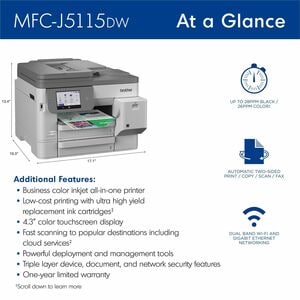 Brother MFC-J5115DW Wired & Wireless INKvestment Tank Inkjet Multifunction Printer - Colour - Copier/Fax/Printer/Scanner -