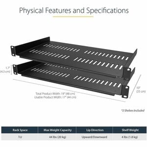 StarTech 2-Pack 1U Server Rack Shelf, Vented Rackmount Cantilever Tray for 19" Network Rack or Cabinet, 10" Deep, Up to 44