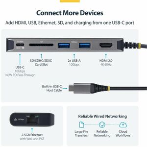 StarTech.com Adattatore USB-C a HDMI multiporta con ricarica PD 140W, 4K 60Hz, Hub USB 10Gbps 3 porte, slot SD, Mini Dock 