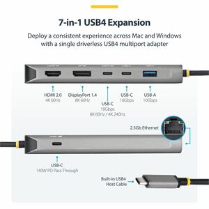 StarTech.com 7 Port(s) USB4 Docking Station for Monitor, Workstation - Charging Capability - Space Gray - Desktop - 2 Disp