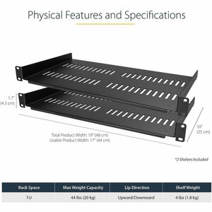 StarTech.com 1U Rack-mountable Rack Shelf for Server, Rack, Cabinet - 2 Post254 mm Rack Depth - Black - Steel, SPCC, Cold 