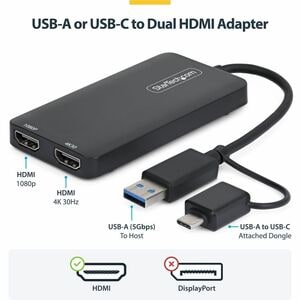 StarTech.com A/V Adapter - 1 - 1 x USB 3.2 (Gen 1) Type A - Male, 1 x USB 3.2 (Gen 1) Type C - Male - 2 x HDMI 1.4 Digital