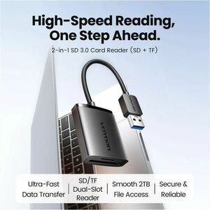 Vention CLP 2 Slot(s) Flash Reader - USB 3.0 Type A - External - 1.95 TB Flash Drive - 5 GB/s - SD, microSDHC, SDHC, SDXC