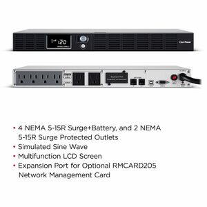 CyberPower OR1000LCDRM1U Smart App LCD UPS Systems - 1000VA/600W, 120 VAC, NEMA 5-15P, 1U, Rackmount, 6 Outlets, LCD, Powe