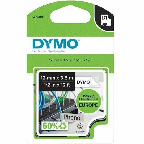Ruban d'étiquettes Dymo 16957 - 12 mm Largeur - Ruban adhésif - Permanent Adhésif - Retangle Cambré - Blanc - Nylon, Texti
