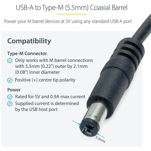 StarTech.com 3 ft USB to Type M Barrel 5V DC Power Cable - Charge your 5V DC devices using your computer USB port - usb to