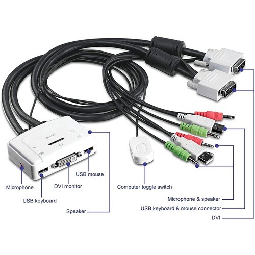 TRENDnet 2-Port DVI USB KVM Switch and Cable Kit with Audio, Manage Two PC's, USB 2.0, Hot-Plug, Auto-Scan, Hot-Keys, Wind