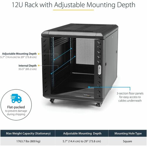 StarTech.com 4-Post 12U Server Rack Cabinet, 19" Data Rack Cabinet for Computer / IT Equipment, Home Network Rack, Half He