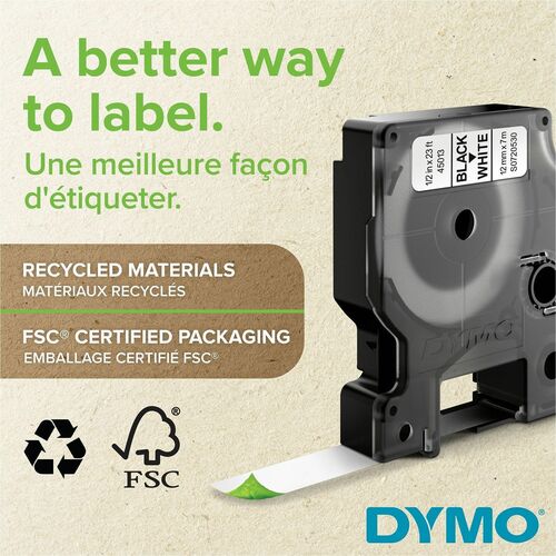 Mehrzwecketikett Dymo 45020 - 12 mm Breite - Rechteck - Thermotransfer - Glänzend - Transparent, Weiß - 1 Each