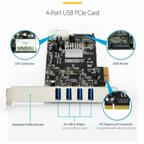 StarTech.com 4 Port USB 3.0 (5 Gbit/s) SuperSpeed PCI Express Schnittstellenkarte mit 4 5Gb/s Kanälen und UASP - SATA/LP4 