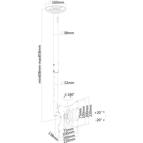Neomounts Neomounts Pro FPMA-C060BLACK Ceiling Mount for Flat Panel Display - Black - Height Adjustable - 58.4 cm to 132.1