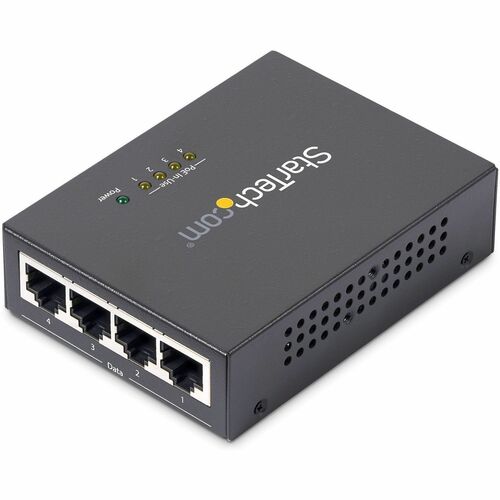 StarTech.com PoE Injector - 52 V DC, 2.31 A Output - 4 Input Port(s) - 4 Output Port(s) - Wall Mountable - Black