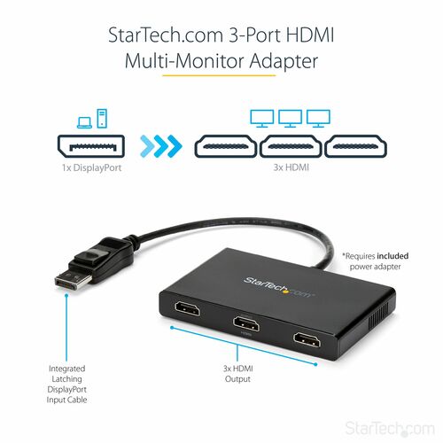 StarTech.com 3-Port Multi-Monitor Adapter, DisplayPort 1.2 auf 3x HDMI MST Hub, 3 1080p HDMI Monitore, Erweitertes oder Ge
