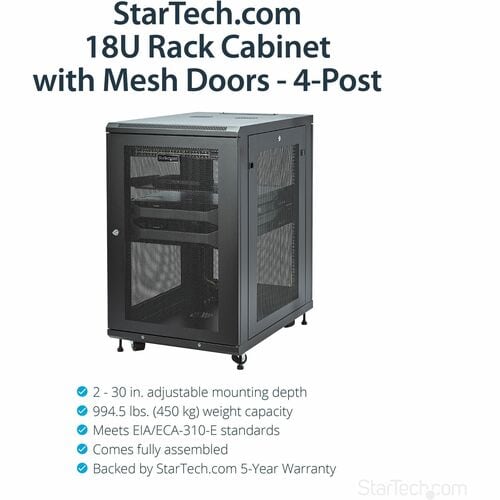 StarTech.com 4-Post 18U Server Rack Cabinet, 19" Data Rack Cabinet for Computer / IT Equipment, Home Network Rack, Half He
