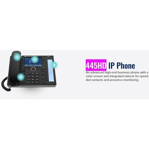 445HD IP-Phone PoE GbE with an external power supply black
2 Ethernet 10/100/1000 ports, 18 Programmable keys, 480x272 col
