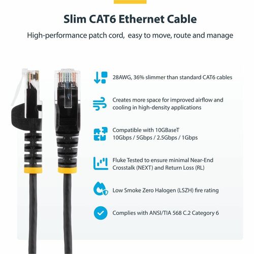 StarTech.com 1 m CAT6 Cable - Slim CAT6 Patch Cord - Black - Snagless RJ45 Connectors - Gigabit Ethernet Cable - 28 AWG (N