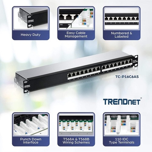 TRENDnet TC-P16C6AS 16 Port(s) Network Patch Panel - TAA Compliant - 16 x RJ-45 - 1U High - Rack-mountable