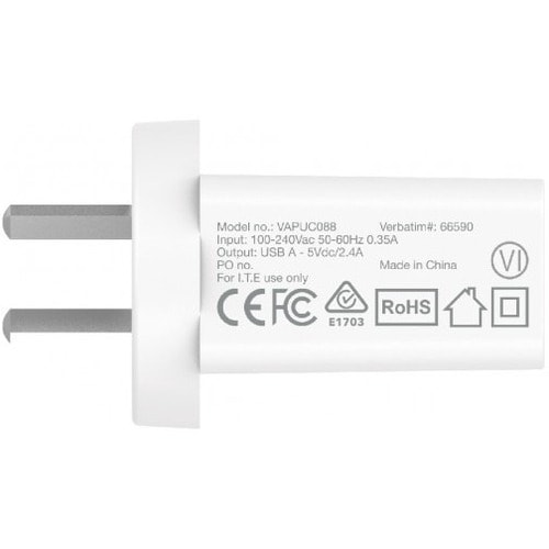 Verbatim VAPUCO88 AC Adapter - 120 V AC, 230 V AC Input - 5 V DC Output - 2.40 A - White