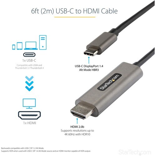 StarTech.com Cable USB-C a HDMI de 2m 4K 60Hz con HDR10 - Cable Adaptador de Video Ultra HD USB Tipo-C a HDMI 2.0b - DP 1.