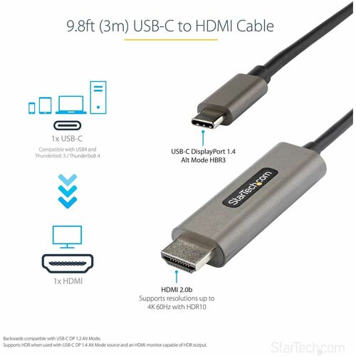 StarTech.com 3m USB-C auf HDMI Kabel 4K 60Hz mit HDR10, Ultra HD USB Typ-C auf HDMI 2.0b Video Adapter Kabel, DP 1.4 Alt M