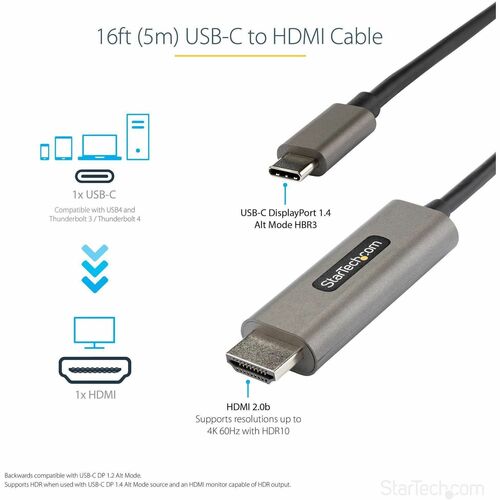 StarTech.com 16ft (5m) USB C to HDMI Cable 4K 60Hz with HDR10, Ultra HD USB Type-C to HDMI 2.0b Video Adapter Cable, DP 1.