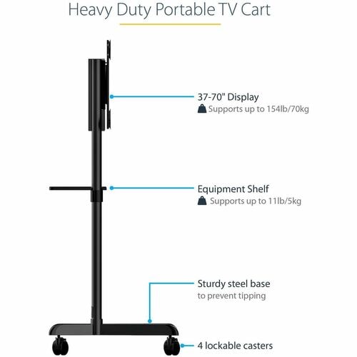 StarTech.com Mobile TV Cart, Portable Rolling TV Stand, 37-70 inch VESA Display Mount (154lb/70kg), Shelf & Storage, Rotat