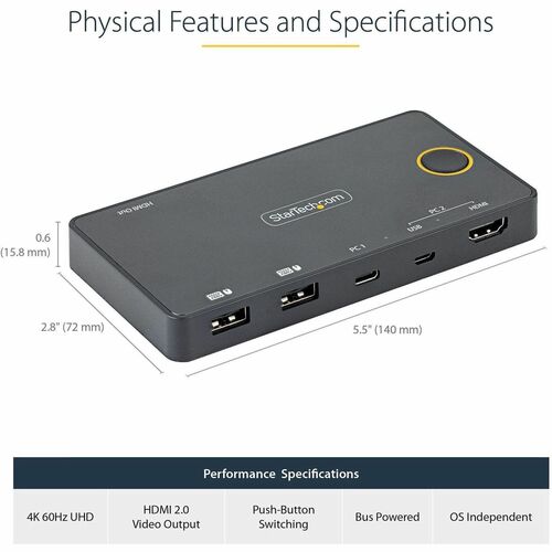 2 Port Hybrid KVM Switch HDMI + USB-A & USB-C, 4K 60Hz HDMI 2.0 Monitor - 2 Computer - 1 Lokaler Benutzer(n) - 3840 x 2160