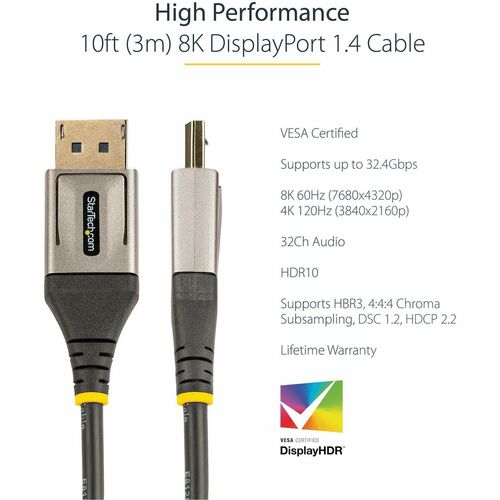 StarTech.com 10ft (3m) VESA Certified DisplayPort 1.4 Cable, 8K 60Hz HDR10, UHD 4K 120Hz Video, DP to DP Monitor Cord, DP 