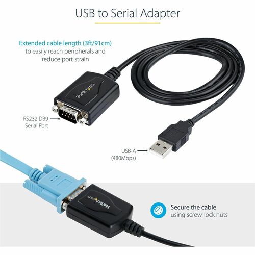 StarTech.com Cable de 91cm USB a Serial con Retención de Puerto COM, Conversor DB9 RS232 Macho a USB, Adaptador USB a Seri