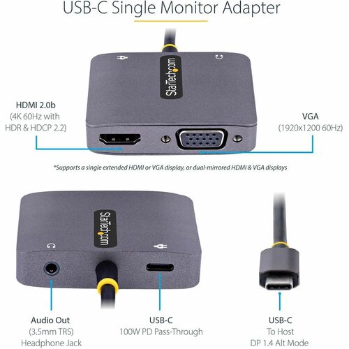 StarTech.com USB C Video Adapter, USB C to HDMI VGA Multiport Adapter, 3.5mm Audio Output, 4K 60Hz HDR, 100W PD 3.0, USB C