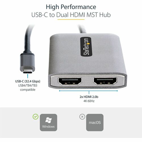 StarTech.com USB-C auf Dual HDMI Adapter, Multi-Monitor MST Hub/Splitter, Dual 4K 60Hz, nur Windows, kompatibel mit Thunde