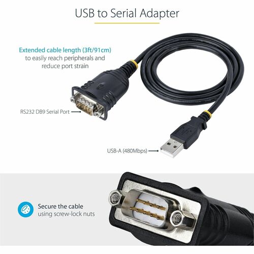 StarTech.com 3ft (1m) USB to Serial Cable, DB9 Male RS232 to USB Converter, USB to Serial Adapter, COM Port Adapter with P