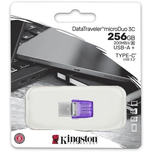 Kingston DataTraveler microDuo 3C DTDUO3CG3 256 GB USB 3.2 (Gen 1) Type C Flash Drive - Purple - 200 MB/s Read Speed