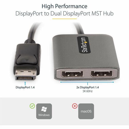 StarTech.com 2-Port Multi-Monitor DisplayPort Adapter, DP auf 2x DisplayPort 1.4 Splitter, Dual 5K 60Hz MST Hub, Integ. Ka
