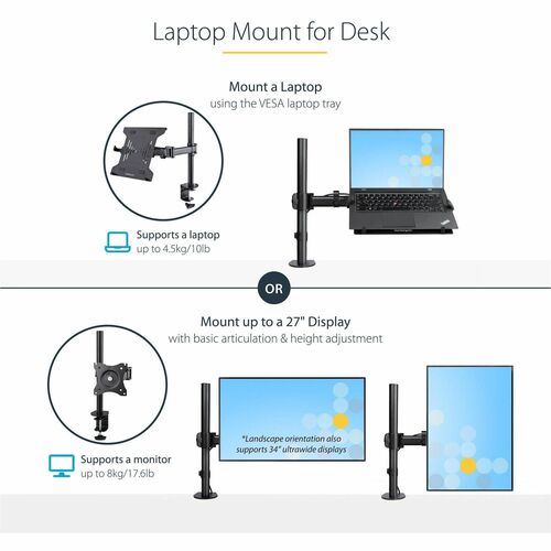 StarTech.com Tischhalterung für Monitor, Notebook, Gekrümmte Bildschirmanzeige - Schwarz - Höhenverstellbar - 1 Unterstütz