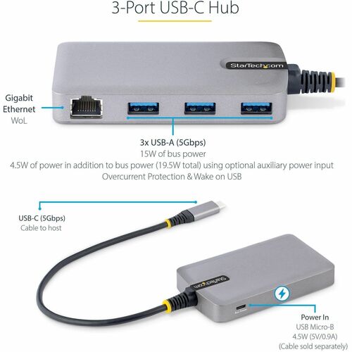 StarTech.com USB/Ethernet Combo Hub - USB 3.2 (Gen 1) Type C - Portable - Space Gray - UASP Support - 3 Total USB Port(s)1