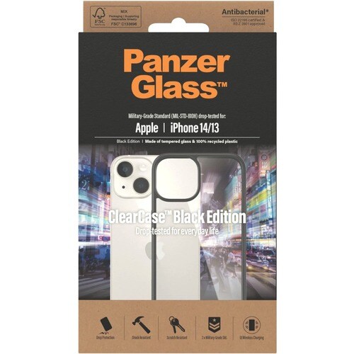 PanzerGlass ClearCase Hülle für Apple iPhone 14, iPhone 13 Smartphone - Schwarz - Anitbakteriell, Sturzsicher, Stoßfest, K