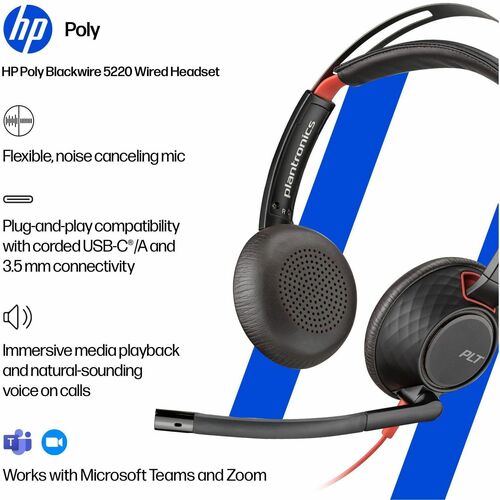 Poly Blackwire 5220 Kabel Auf den Ohren, Kopfbügel Stereo Headset - Schwarz - Microsoft-Teams-Zertifizierung - Binaural - 