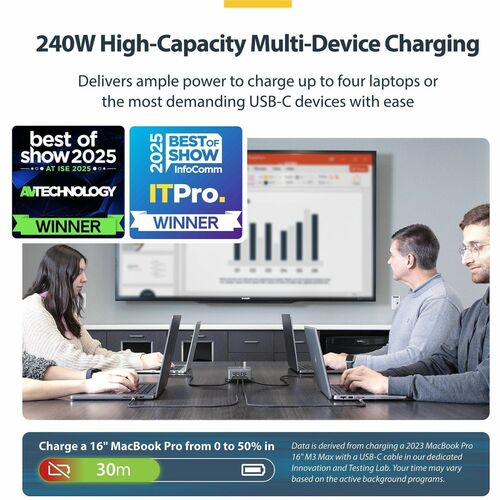 StarTech.com 4-Port Multi-Device USB-C Charger, 240W Total, Single Port 140W EPR, Screw Locking Ports, Ideal for Boardroom