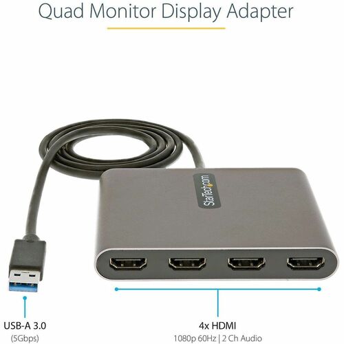 StarTech.com Video Adapter - 1 Each - TAA Compliant - 1 x 9-pin Type A USB 3.0 USB Male - 4 x HDMI Digital Audio/Video Fem