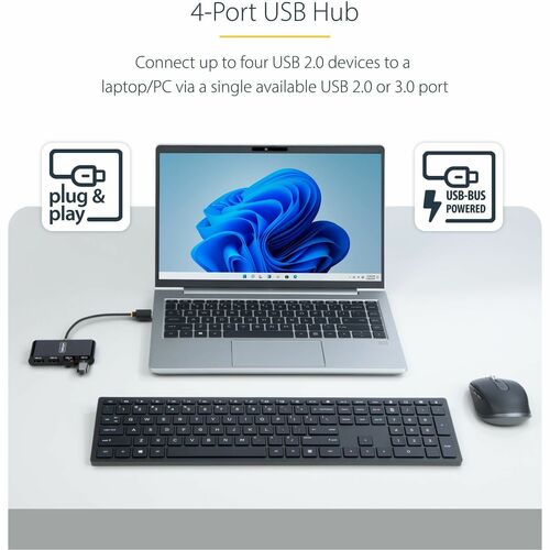 StarTech.com USB Hub - USB 2.0 Type A - 60 MB/s - Notebook, Desktop, Mouse, Keyboard, Flash Drive - Portable - Black - 4 T