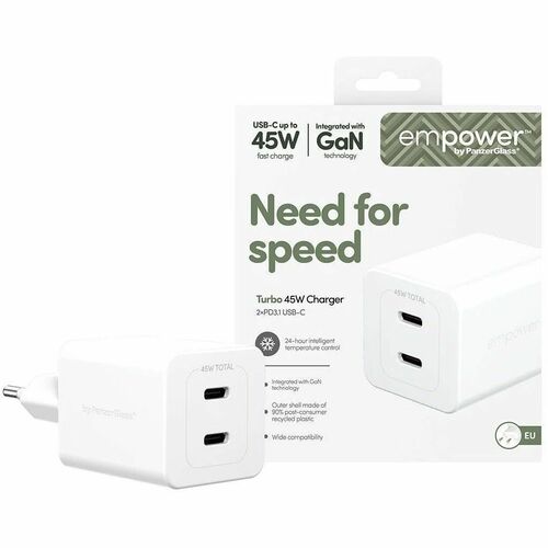PanzerGlass Turbo 45 W AC Adapter - Universal Adapter - 2 USB Type-C - For Smartphone, Tablet PC - Europe - Silver, White