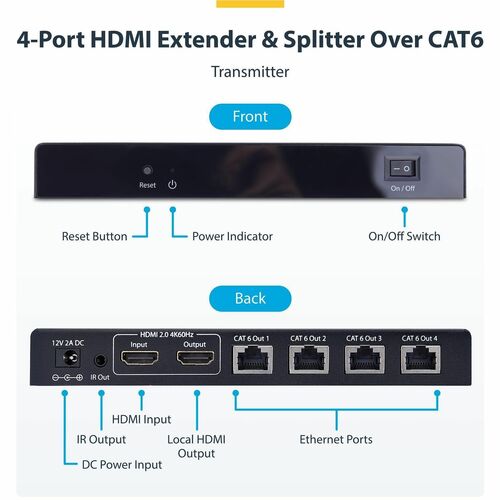 StarTech.com HDMI Extender - Black - 6 x Network (RJ-45) - 4 x HDMI - 70 m Operating Distance