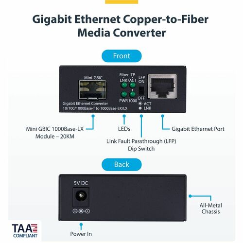 StarTech.com Transceiver/Media Converter - TAA Compliant - 2 Port(s) - 1 x Network (RJ-45) - Duplex LC Port - Twisted Pair