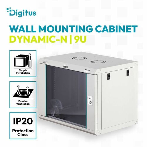 Digitus Dynamic-N 9U Wandmontierbar Geschlossener Schrank Rackschrank für Networking, Server - Hellgrau - Stahl, Glas, Ble