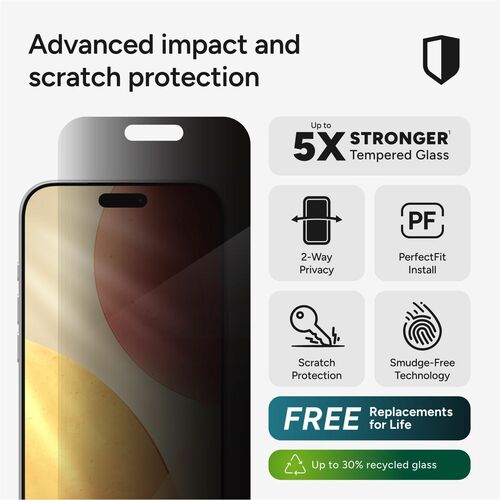 invisibleSHIELD Glass Elite Privacy Glass, Tempered Glass, Aluminosilicate Glass Privacy Screen Protector for Apple iPhone