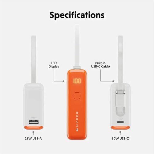 Hyperjuice Flex HJ5401OGGL Power Bank - Vermilion Orange - For Smartphone, Tablet PC, Notebook, USB Type A Device, USB Typ