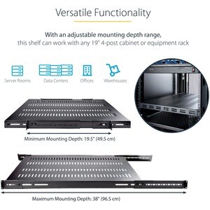 StarTech.com 1U 4-Post 19.5 to 38in Adjustable Mounting Depth Vented Rack Mount Shelf - Heavy Duty Fixed Rack Shelf - 330l