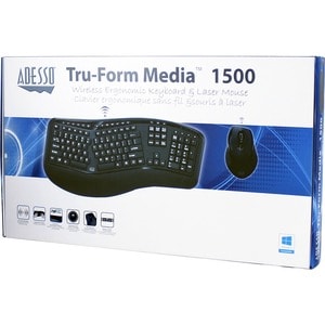 Adesso Tru-Form Media 1500 - Wireless Ergonomic Keyboard and Laser Mouse - USB Membrane Wireless RF 2.40 GHz Keyboard - 10